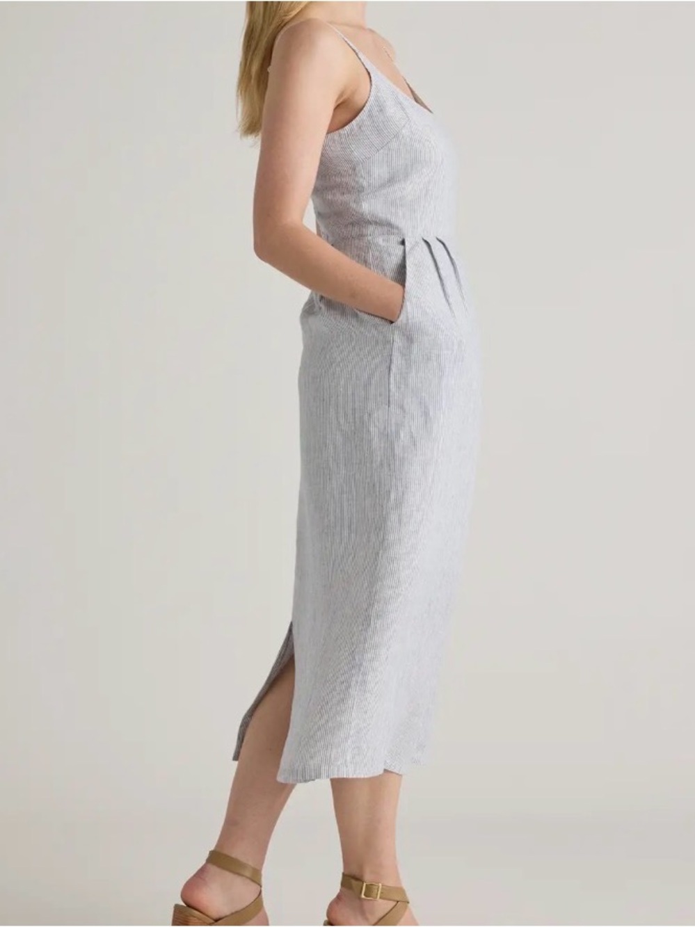 100% linen Quince Light Blue Striped Sleeveless Midi Dress - Picture 3 of 5